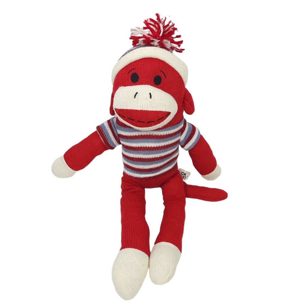 Dan Dee Sock Monkey Plush 19" Stuffed Animal Toy Pom Pom Cap Red Blue
